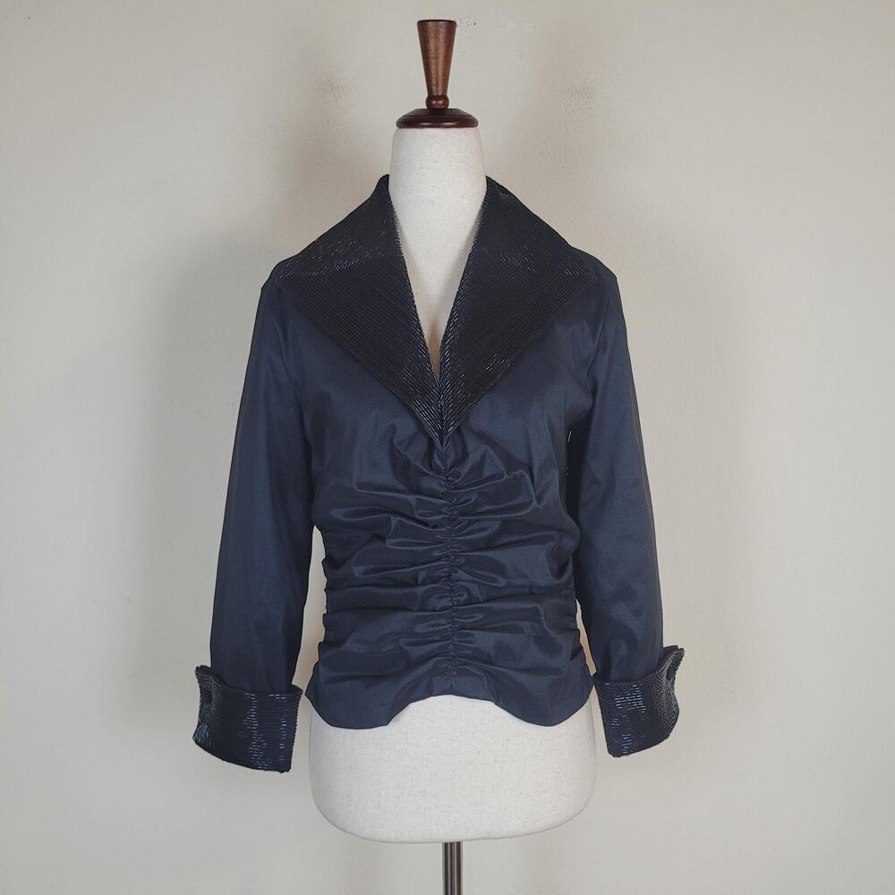 Tadashi‎ Blouse 10 Black Beaded Collar Cuffs Ruched Taffeta Party Evening Top